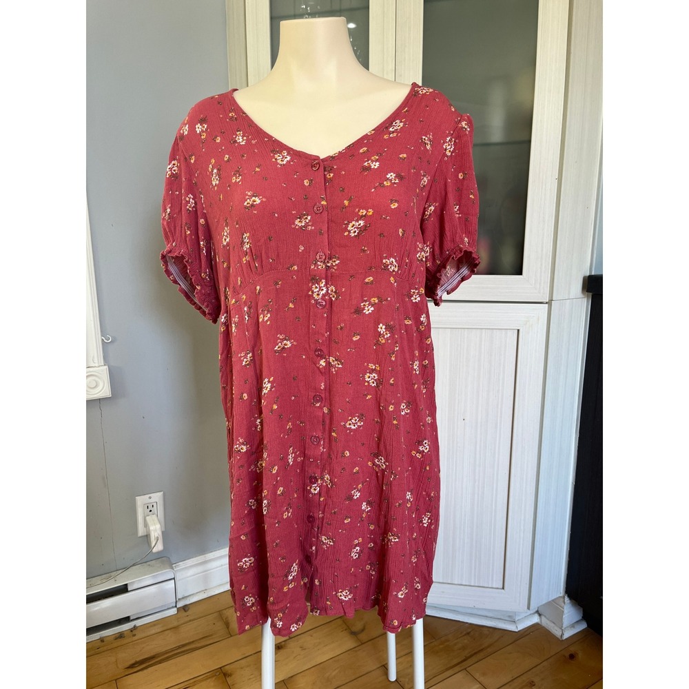 Blumind Red Floral Button Front Mini Dress Short Sleeve V-Neck Size Large